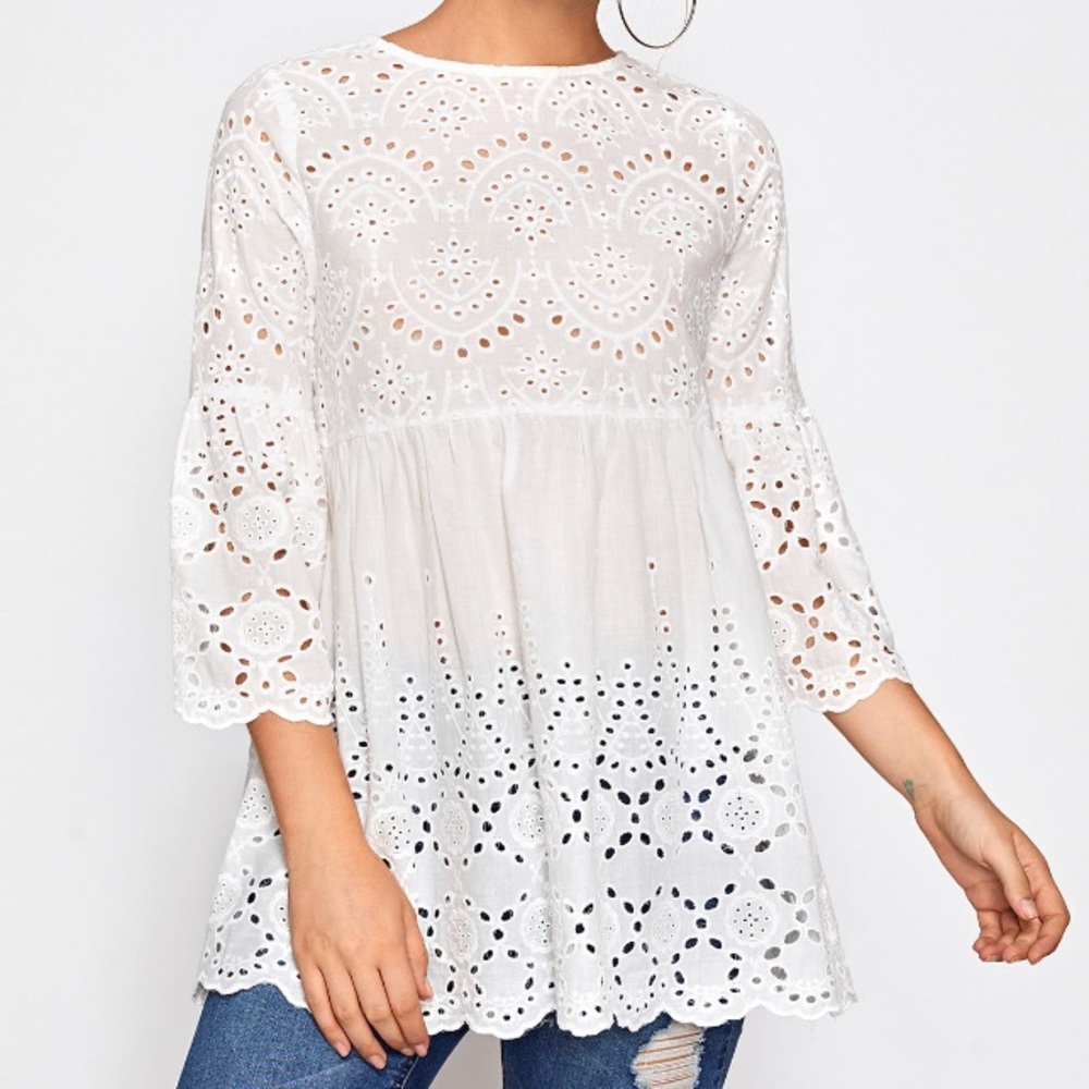 Eyelet Embroidered Scallop Trim Blouse